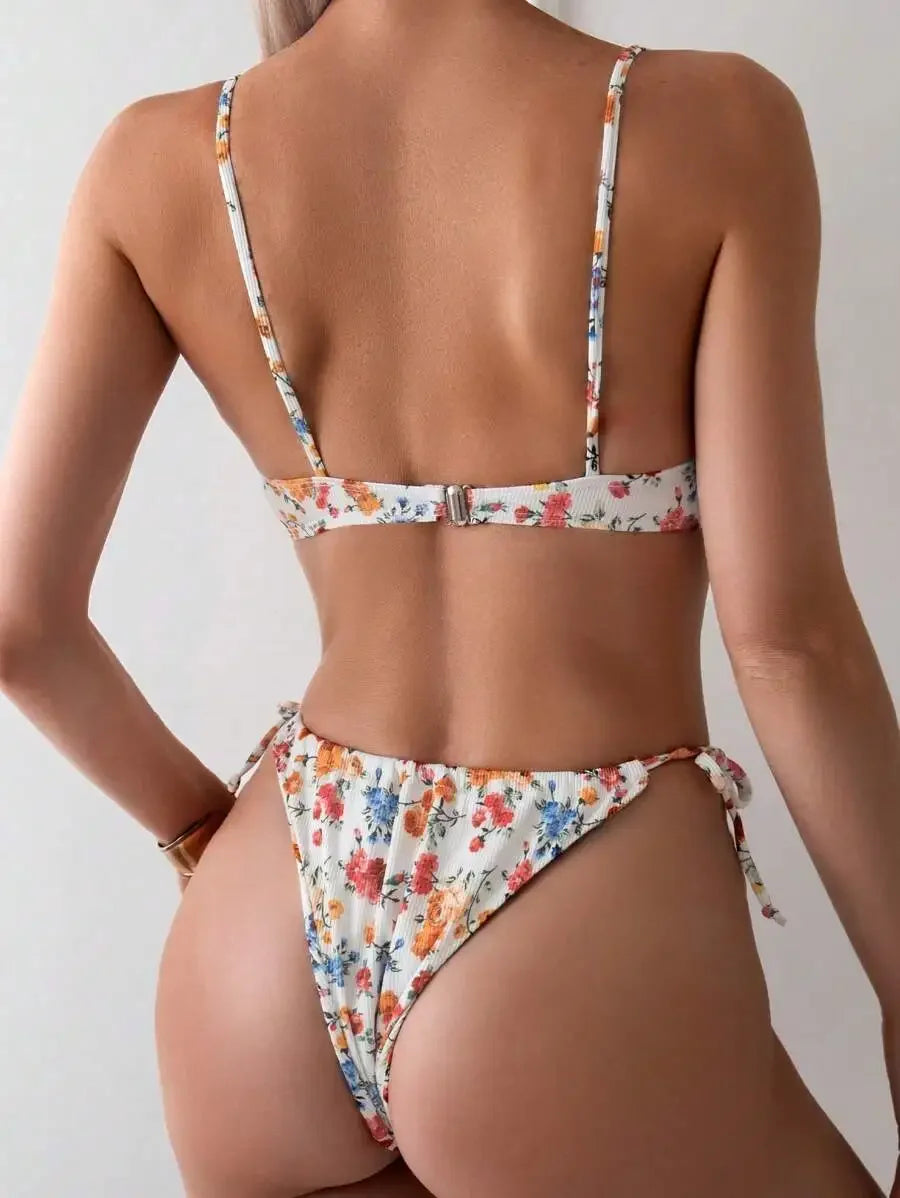 2025 Hot Sale Women's Swimsuit New Floral Bikini Sets Two-Piece Set Women's Sexy Small Chest Gathered Steel Ring Woman Swimsuits