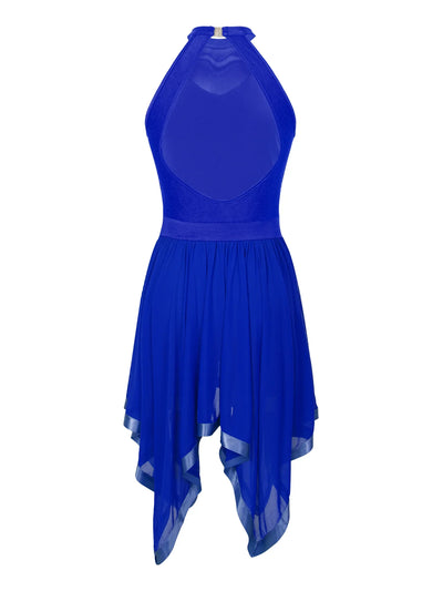 Elegant Ballet Leotards Dance Dress For Women Shiny Sequins Asymmetrical Hem Mesh Lyrical Dresses Prom Performance Costume