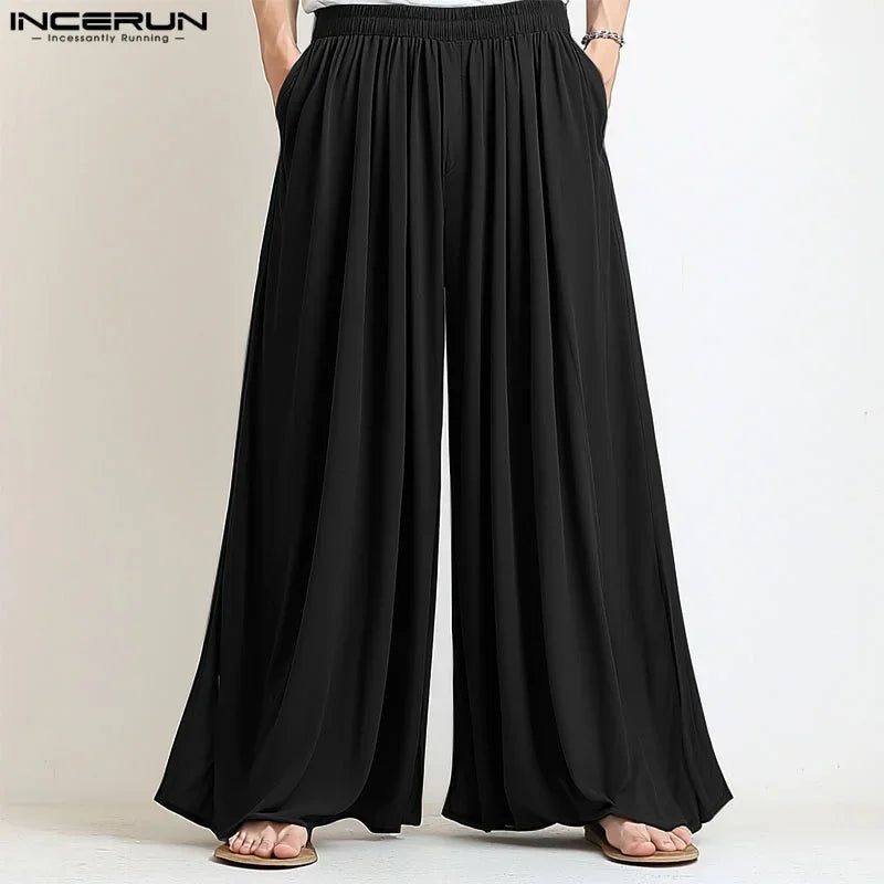 Men Wide Leg Pants Solid Color Joggers Pleated Oversize Casual Trousers Men Elastic Waist 2025 Streetwear Fashion Pants INCERUN