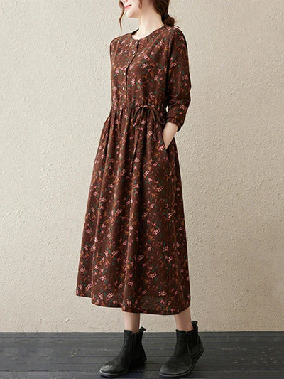Long Sleeve Cotton Linen Vintage Floral Print Dresses For Women 2025 New Spring Autumn Casual Dress Robe Femme Elegant Clothing