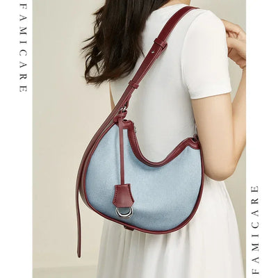 2024 New Women Bag Lady Fashion Half Moon Underarm Shoulder Bag Messenger Female Summer Soft Lightweight Denim Fabric Handbag