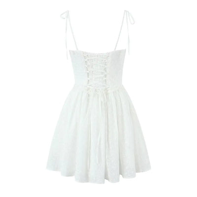Summer dress 2024 Women Sexy  White Mini Dressses Lace Embroideryed Bodycon Dress Korean Fashion Ruffle Cami Dresss Back Lace Up