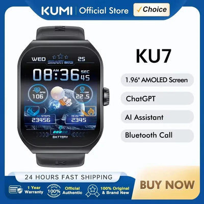 KUMI KU7 Smartwatch 1.96" AMOLED, AI Voice Assistant, Bluetooth Call, SOS Alert, 100+ Sports, Health Monitor
