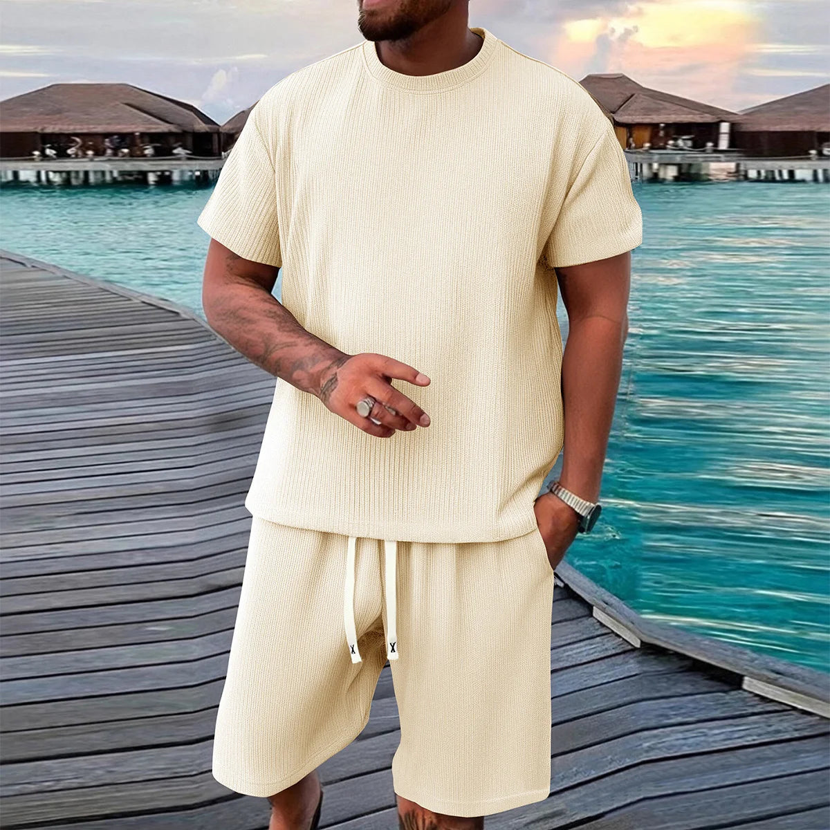 2-piece men's short sleeved shorts set, made of jacquard fabric suitable for fitness, running, and outdoor leisure activities