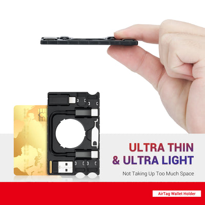 Ultra-thin black minimalist wallet with AirTag holder and card slots