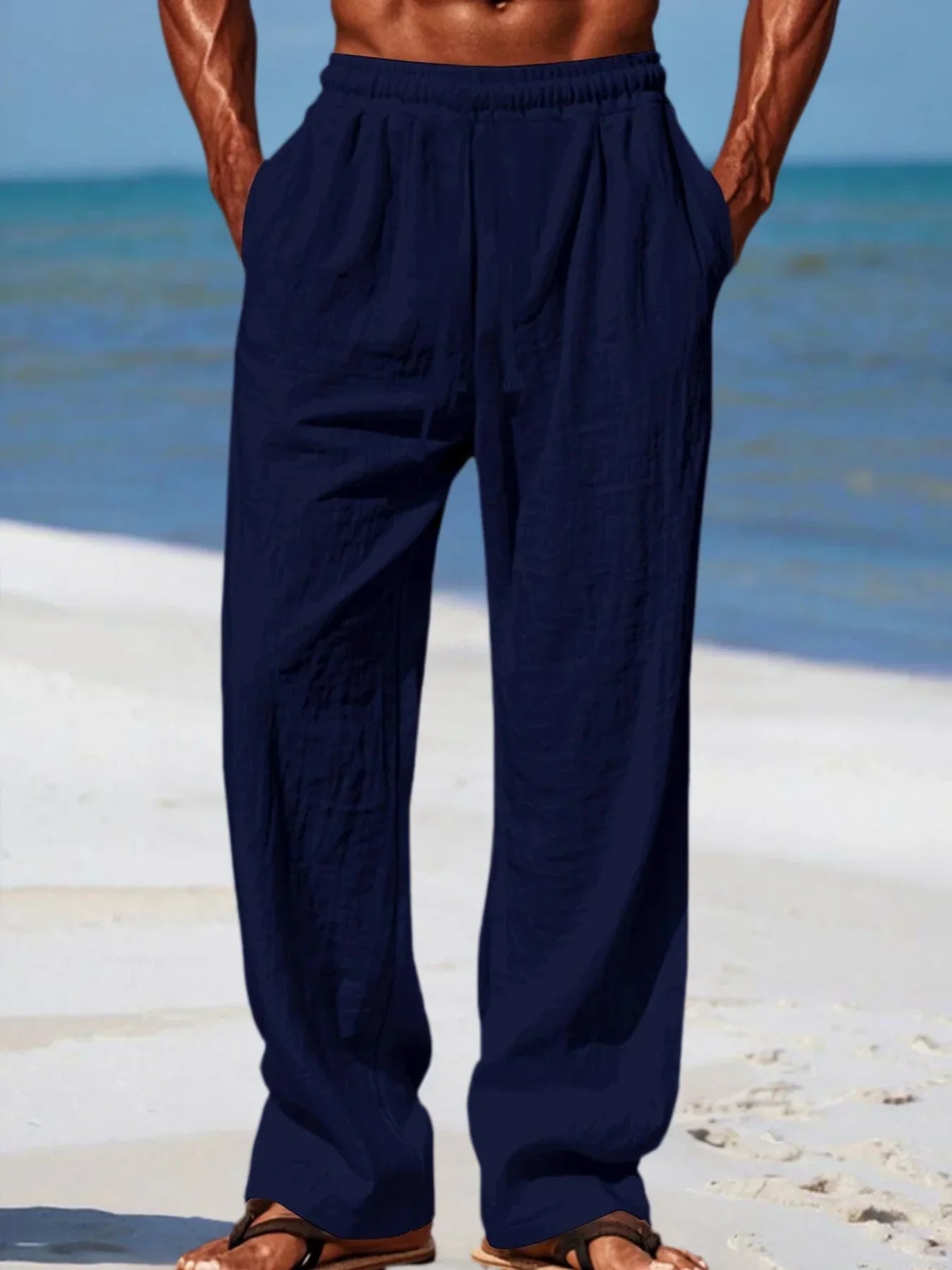 Men's Beach Pants Breathable Loose Straight Trousers Male Summer Casual Solid Color Streetwear Drawstring Long Pants