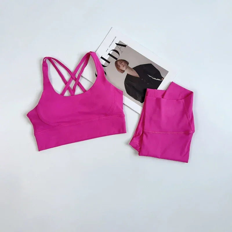 2 Pieces Yoga Set Women Gym Set Workout Clothes Sports Suits High Waist Leggings Cross Straps Fitness Bra Running Tracksuit👚👍️