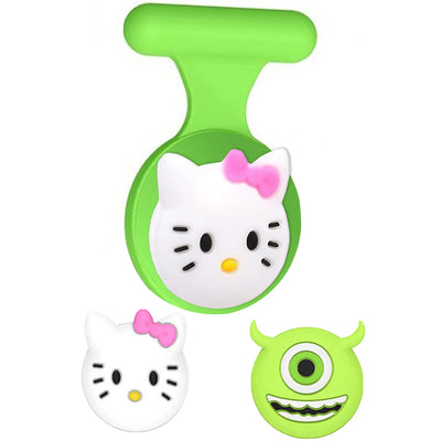 Green Hello Kitty AirTag holder case with white cat and monster faceplates