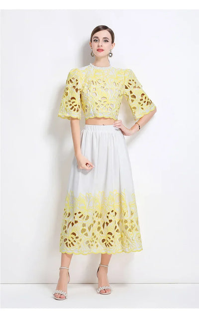 Summer Short Sleeve A-LINE Set Skirt for Women Fashion Ruffled Collar Embroidery Set Skirt Women Vestidos De Verano Mujer Q344