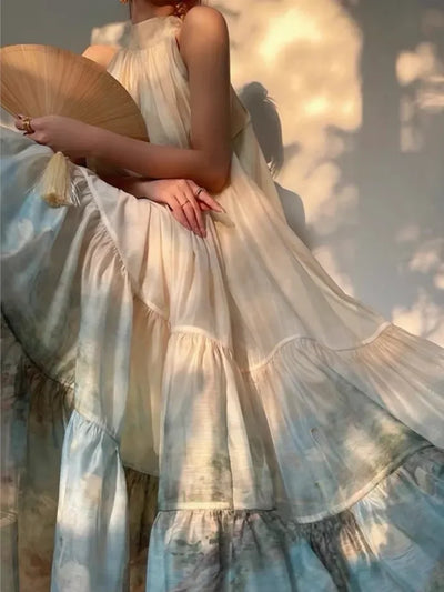 Summer Women Fashion Vintage Casual Print Midi Dress Sleeveless A-Line Pleated Party Birthday Dresses Female Clothes Robe New