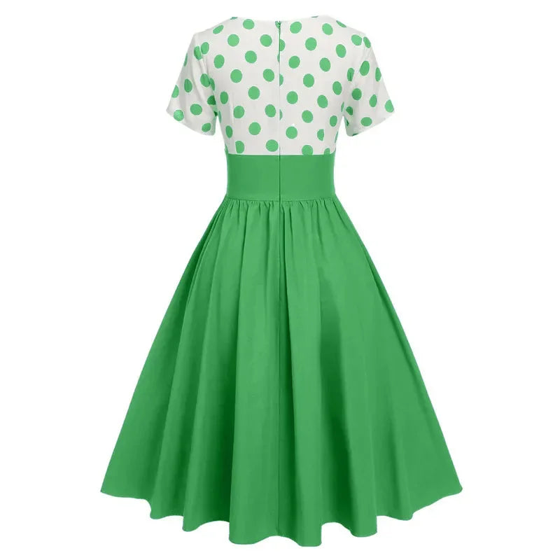 Polka Dot Women Summer Dresses Hepburn Style V-Neck Short Sleeve Vintage Print Patchwork Party Dress Casual A-Line