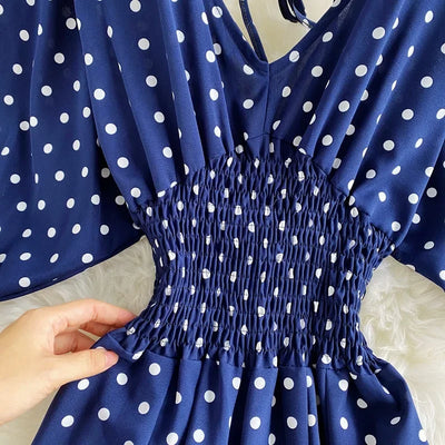 V Neck Sexy Dolman Sleeves Waist Slim Polka Dot Print Jumpsuit Women Wide Leg Trousers Jumpsuit