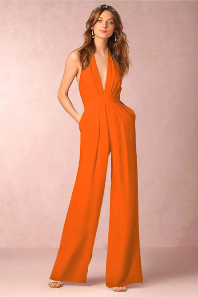 Spring And Summer Temperament Office Style Jumpsuit For Women Solid Color Sexy Deep V Backless Sleeveless Pocket Loose Jumpsuit