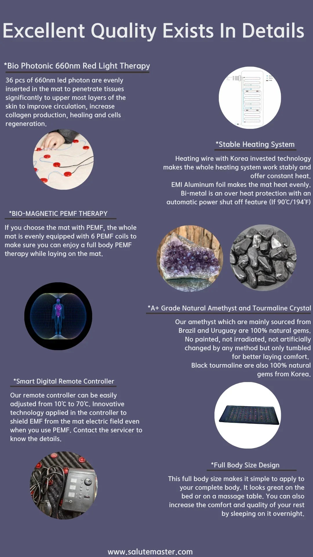 Full Size Amethyst Tourmaline PEMF Infrared Mats With Crystal Sauna Effect FIR Therapy Heating Carpet