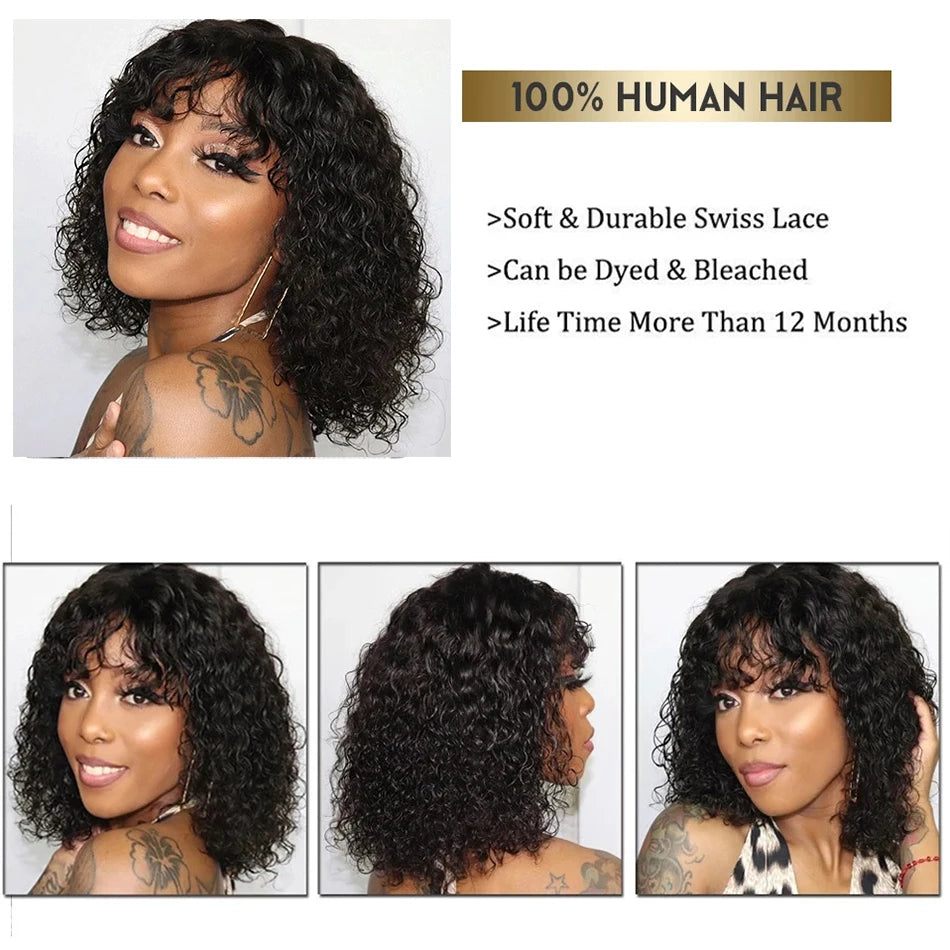 Curly Human Hair Wigs For Women 100% Human Hair Bob Wig Kinky Curly Wig With Bangs Perruque Cheveux Humain Full Machine Made Wig