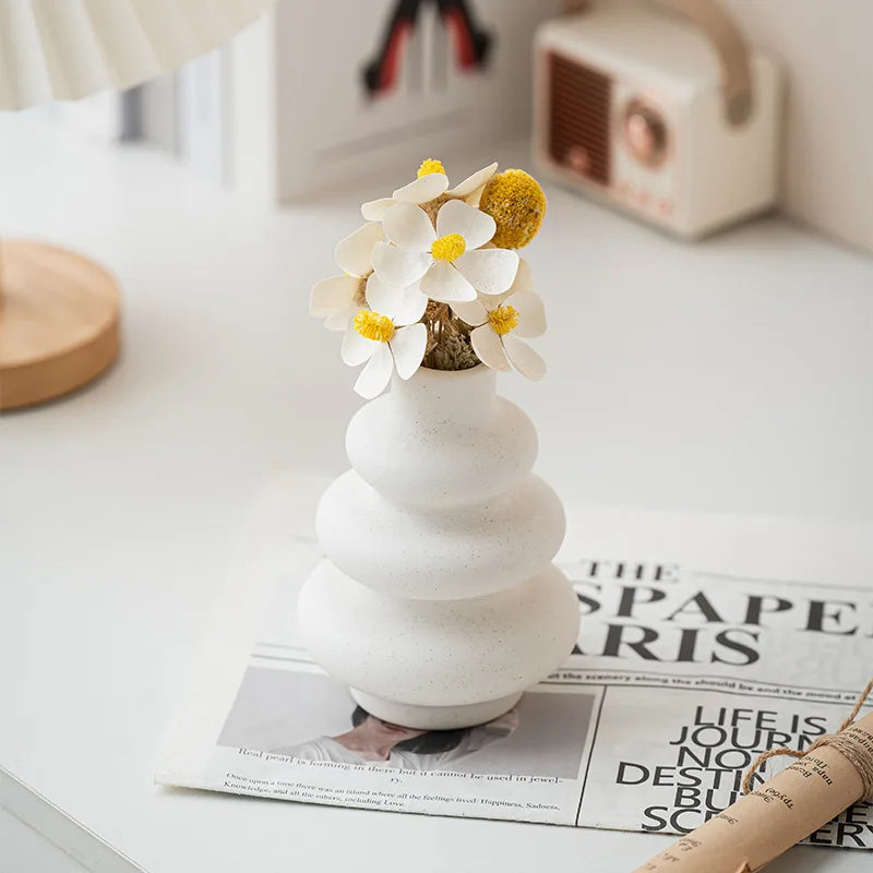 Bohemian Ceramic Vases Set of 3 White Round Geometric Design Handmade Terracotta Flower Pot Home Decor