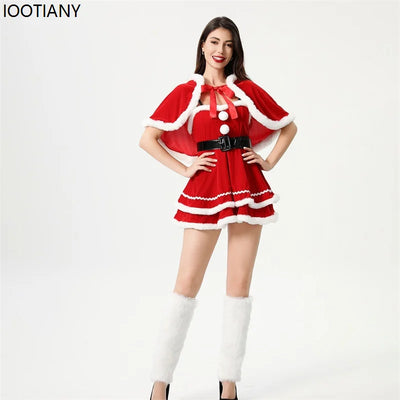 Christmas Costume Women Santa Tube Top Dress With Hood Shawl Belt Xmas Lolita Dresses Christmas Gifts Carnival Party Fancy Suits