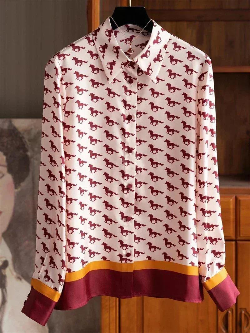 Women satin silk shirts g horse print