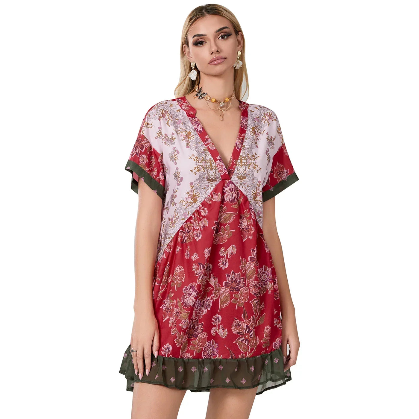 Women Summer Babydoll Dress Bohemian Holiday Vintage Floral Print Short Sleeve Deep V-Neck Flowy Dress with Pockets