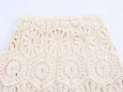 Summer Bohemian Women Loose DRESS Suits Hook Flower Hollow Out Bat Sleeve Shirt+Tassels Drawstring Bodycon Skirt Vacation Sets