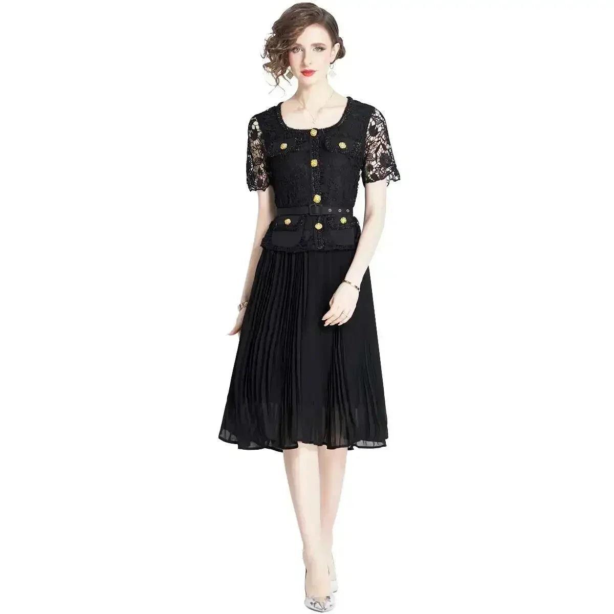 Luxury evening dress women summer vacation short sleeve pleated lace chiffon long dresses white single breasted midi