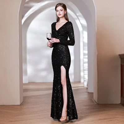 DEERVEADO Sexy Slit V Neck Black Sequins Evening Dress Women Mermaid Maxi Party Dresses Long Prom Dress