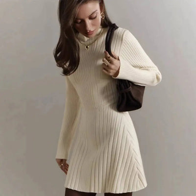 Knitting Dress Women's 2025 Spring Knitted Dress Long Sleeve Semi-High Neck A Line Skirt For An Elegant And Playful Look