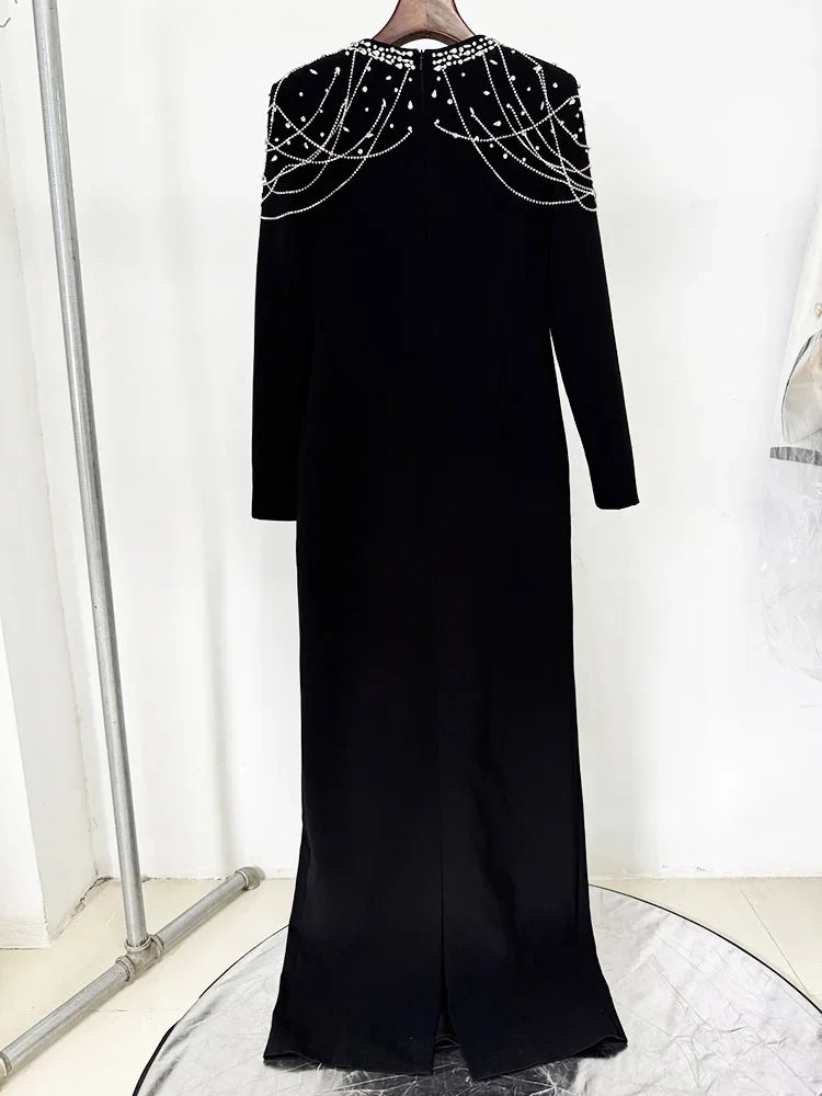 HIGH QUALITY Newest 2025 Designer Women's Slim Diamonds Beaded Long Sleeve Maxi Long Evening Dress