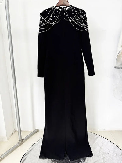 HIGH QUALITY Newest 2025 Designer Women's Slim Diamonds Beaded Long Sleeve Maxi Long Evening Dress