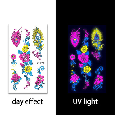 Temporary Fluorescent Tattoos Flower Feather Animals Pattern Body Arm Leg Face Stickers Night Bar Party Music Festival
