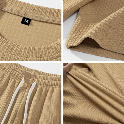 2-piece men's short sleeved shorts set, made of jacquard fabric suitable for fitness, running, and outdoor leisure activities