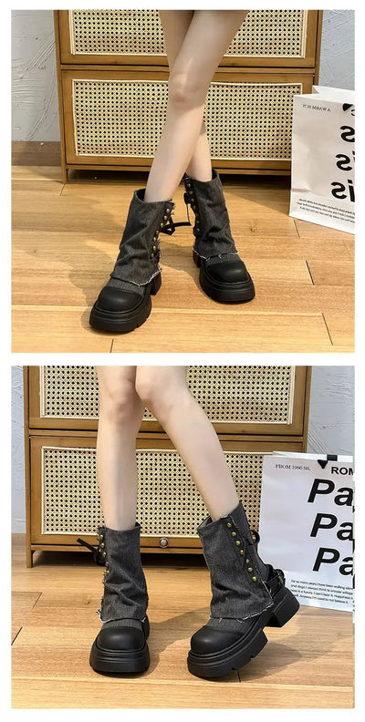 Women Boots British Fashion Pants Leg Boots  New Thick Soled Rivet Zipper Belt Buckle Platform Anti Slip Cowboy Short Boots