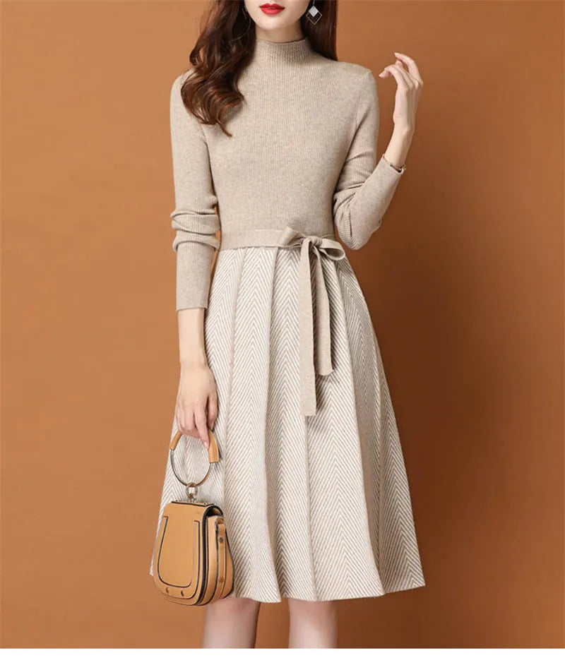 Sweater Dress Fall Winter patchwork Long Sleeve Women Elegant Knitted A-Line pleated Dress Female Korean Lace-Up Vestidos 2023