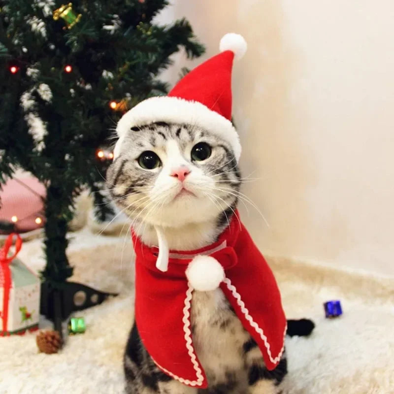 Christmas Cat Cloak Scarf Dog Pet Cosplay Costume Xmas Kitten Plush Santa Hat Funny Birthday Party Mantle Dress Up Apparel