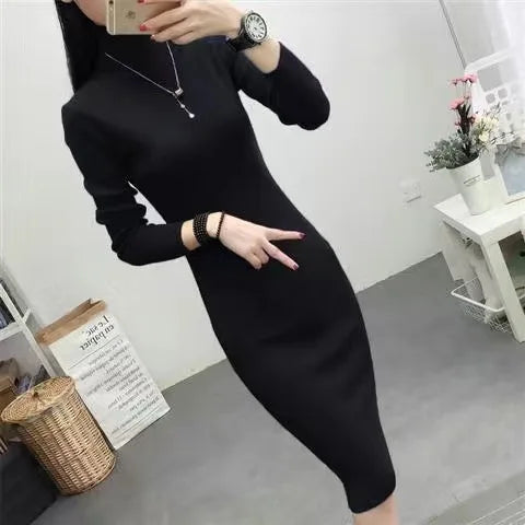 Fall Winter Turtleneck Slim Knit Dresses Women Casual Elegant Sweater Dress Korean Mid-length Soft Knitwear Vestidos Bottom Robe