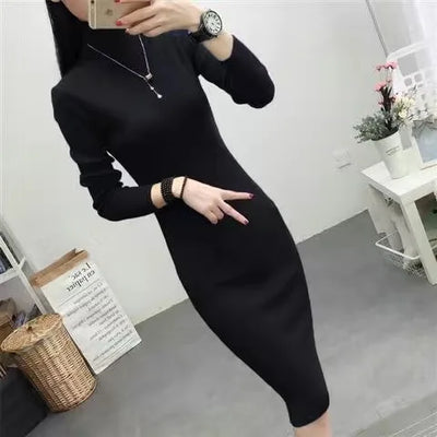 Fall Winter Turtleneck Slim Knit Dresses Women Casual Elegant Sweater Dress Korean Mid-length Soft Knitwear Vestidos Bottom Robe