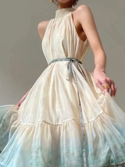 Summer Women Fashion Vintage Casual Print Midi Dress Sleeveless A-Line Pleated Party Birthday Dresses Female Clothes Robe New