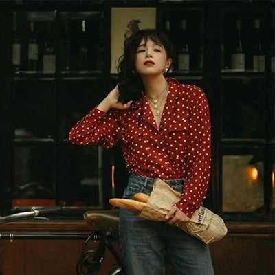 Top V-neck Red Polka Dot Shirt for Women