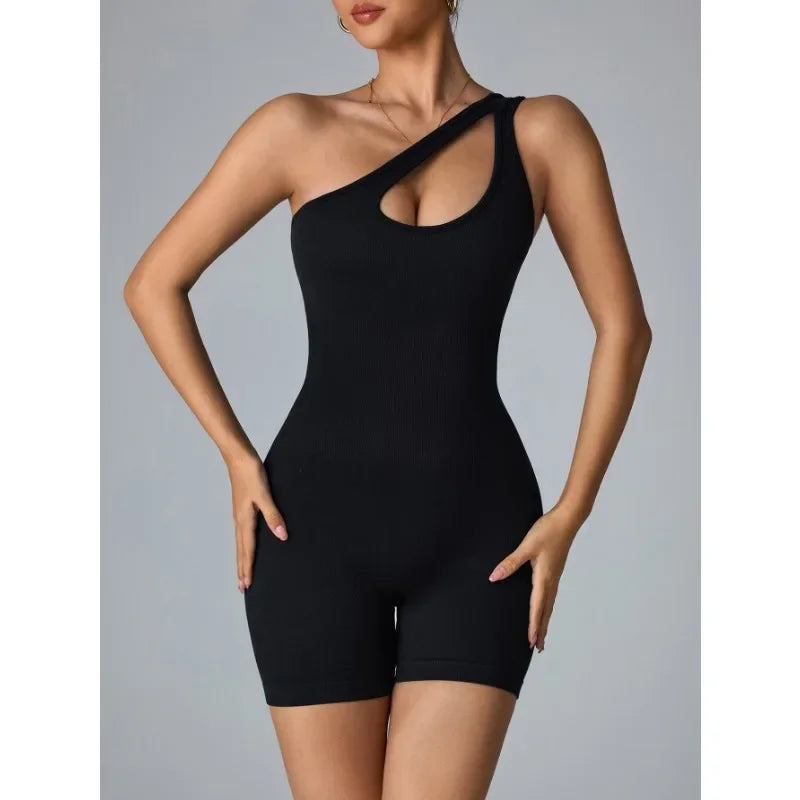 Women One Shoulder Sexy Jumpsuits Seamless Slim Short Bodysuit High Elastic Fitness Sport Yoga Clothes Black Knit Jumpsuit Woman