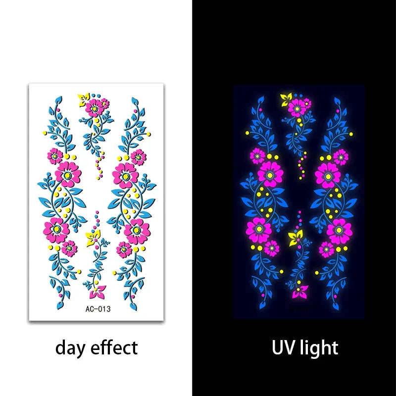 Temporary Fluorescent Tattoos Flower Feather Animals Pattern Body Arm Leg Face Stickers Night Bar Party Music Festival