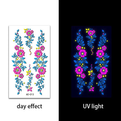 Temporary Fluorescent Tattoos Flower Feather Animals Pattern Body Arm Leg Face Stickers Night Bar Party Music Festival