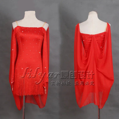 Latin Dance Performance Dress New Women's Customized Big Red Waist Fringe Dance Dress
