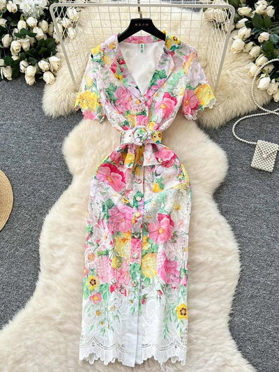 Women's Summer Dress New European American Elegant Suit Collar Short Sleeved Dress Temperament Slim Fit Hollow Lace Dress C19