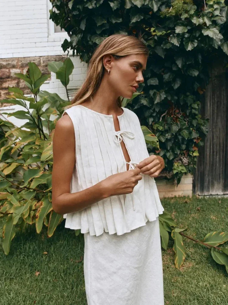 Fashion Bow Lace Up Linen Tops For Women