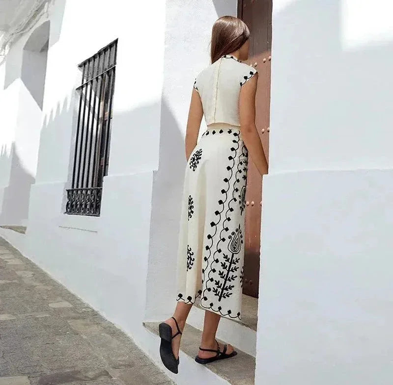 Cotton Linen Print Top Two Piece Set For Women