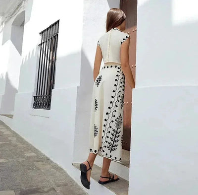 Cotton Linen Print Top Two Piece Set For Women