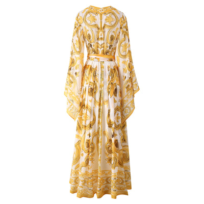 Fashion Designer Long Dress Women Elegant  V-Neck Long Sleeved Printed Belt Dresses Luxury Designer High Quality Female Clothing