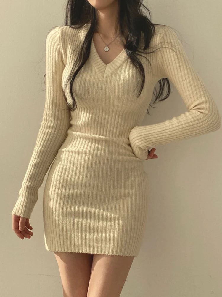 Sexy V-neck Women Knitted Dress Basics Solid Elastic Long Sleeve Above Knee vestidos mujer Elegant Slim-fit Dresses for Female