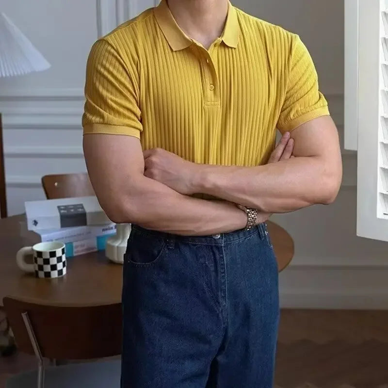 Vertical Stripe Knit Polo Men's Shirts Summer New Slim Solid Color Breathable Turn-Down Collar Business Short Sleeve Polo Tops