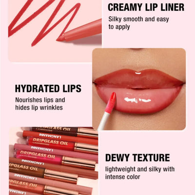 12PCS Retro Lip Set 6 Lipliner 6 Dripglass Oil Matte Shiny Long Lasting Makeup Kit Cosmetics Beauty Essentials